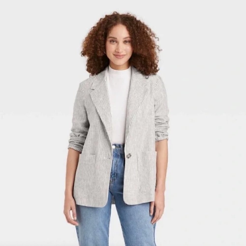 A New Day Beige‎ Seersucker Single Button Blazer 4